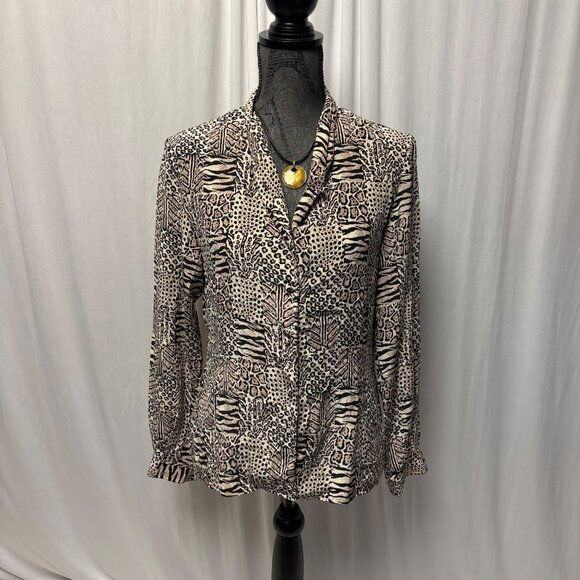 Jacqueline Ferrar Silk Blouse Womens Size 6 Animal Print Button-Up Brown Black - Picture 1 of 8